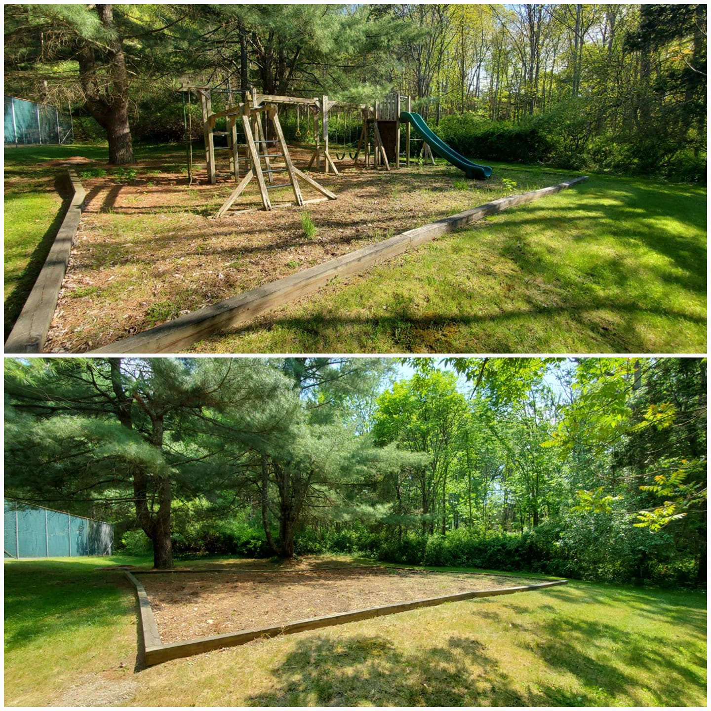Before and after outdoor cleanup - old playground structure removed from backyard