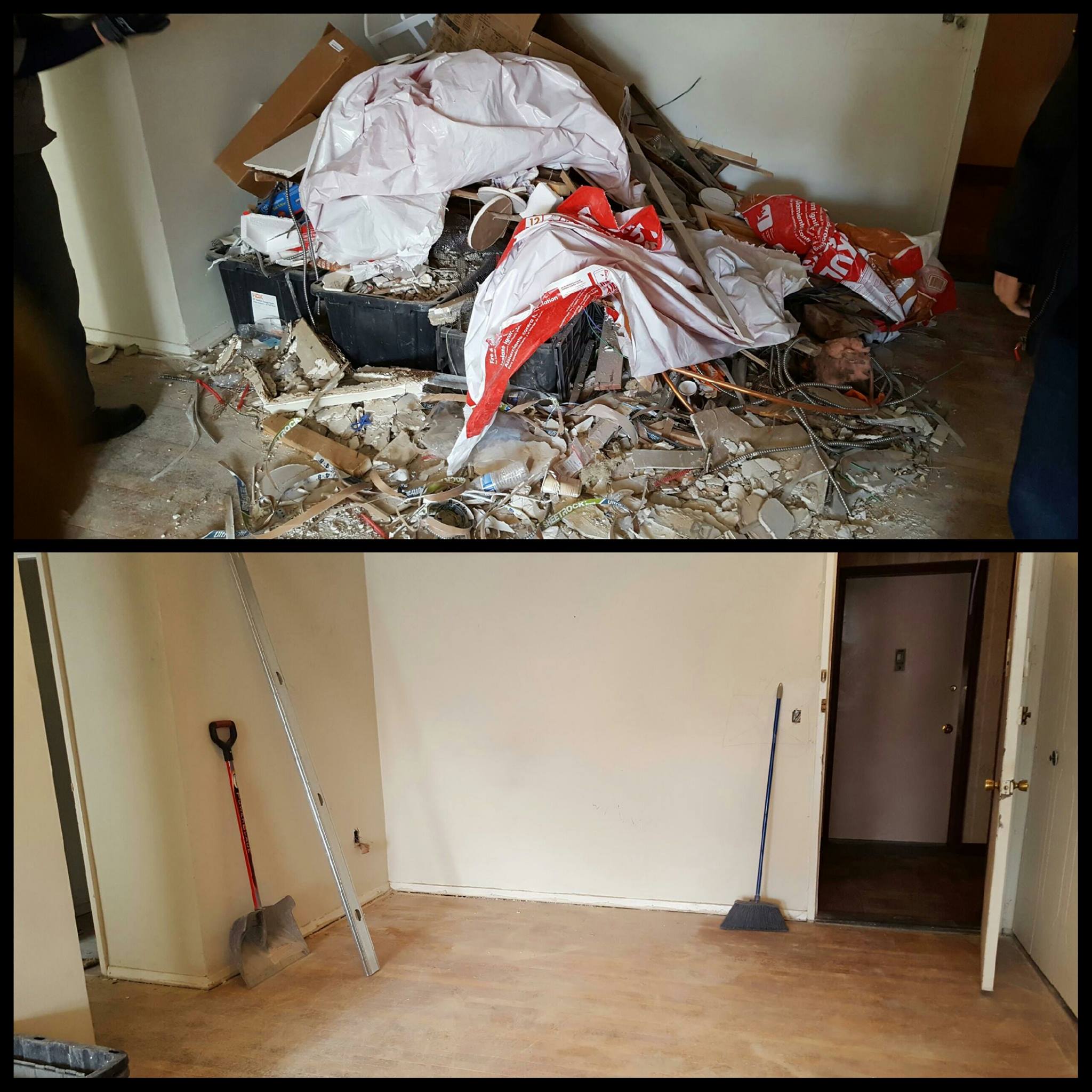 Before and after room cleanout - construction debris removed and room left spotless by Clutter to the Gutter