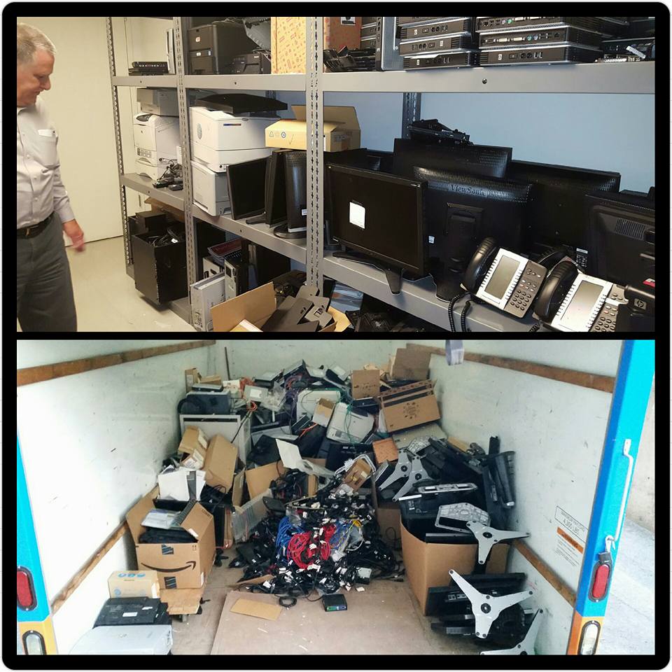 Corporate office electronics cleanout - computers, servers, monitors, and phones removed and loaded in truck